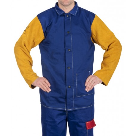 Yellowjacket® niebieska, trudnopalna, bawełniana kurtka spawalnicza z żółtymi, skórzanymi rękawami z dwoiny bydlęcej 33-3060